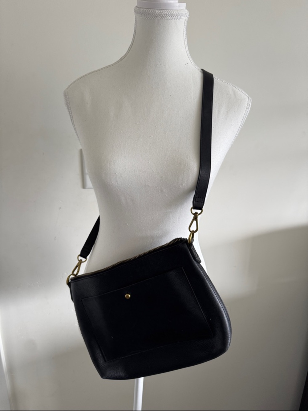 Madewell Black Leather Crossbody with Front Pocket and Brass Accents